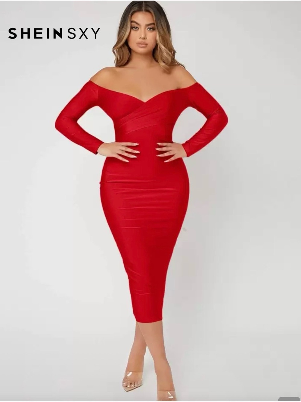 SHEIN Red Off-Shoulder Long Sleeve Bodycon Midi Dress